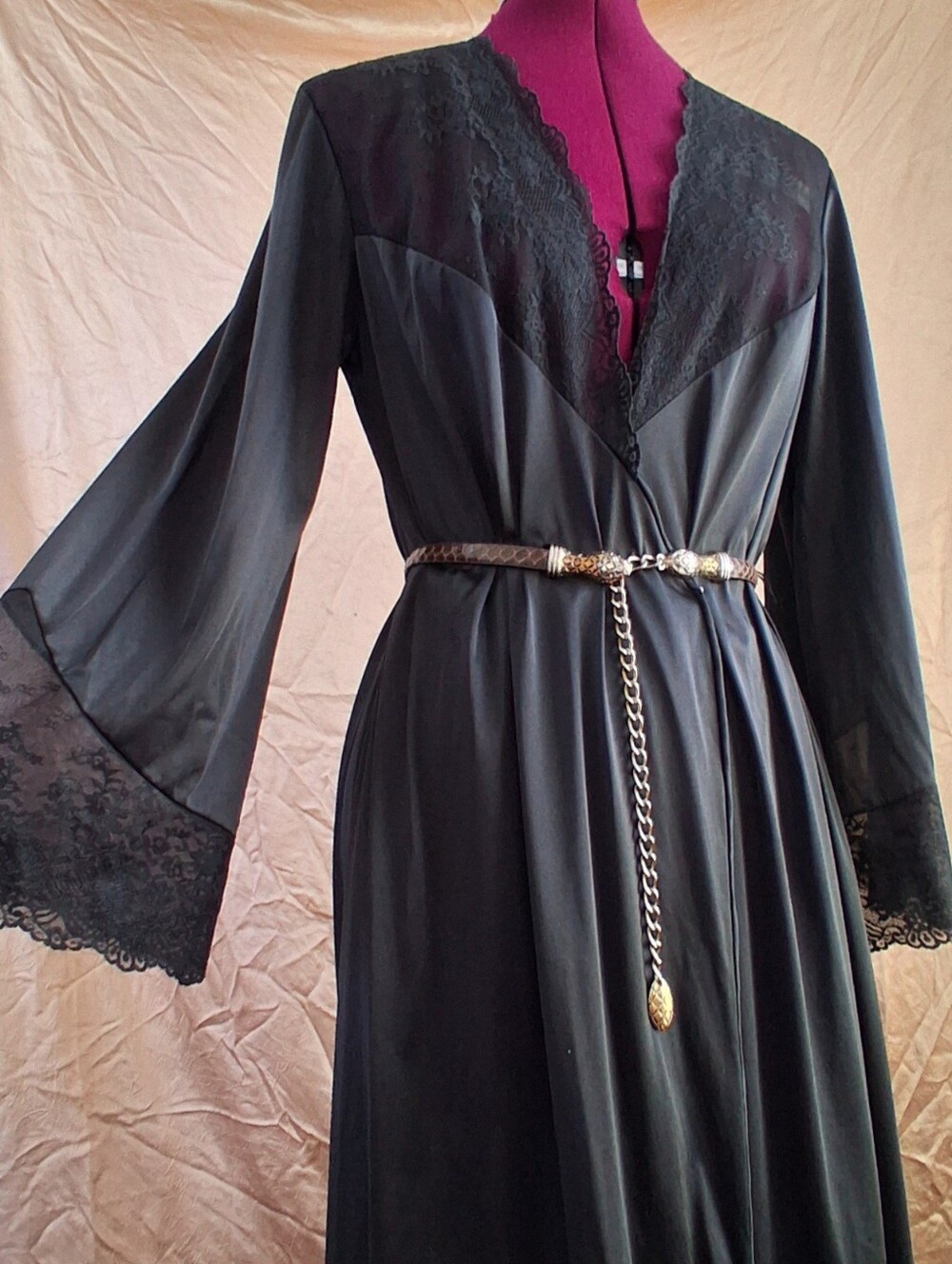 Vintage Vanity Fair Black Satin Robe with Lace Trim